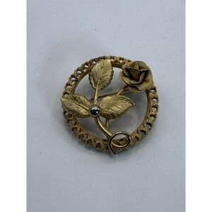 Vintage Gold Tone Rose Floral Circle Brooch – Textured Leaf Design Statement Pin